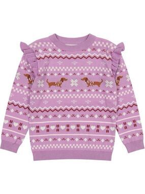Andy & Evan Kids Purple Holiday Sweater with Dachshund Pattern and Ruffles